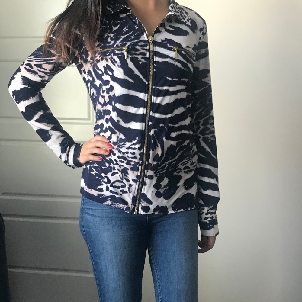 Navy and white mixed animal print blouse